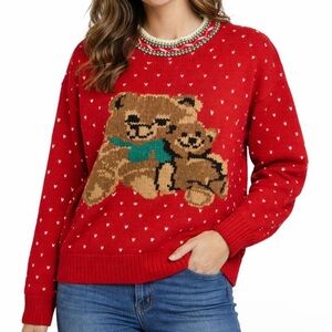 Deans Vintage Women’s Size M Bears Hearts Red/White Christmas Sweater Pullover